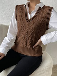 SHEIN Unity 撞色V领无袖休闲百搭简约设计针织毛衣背心 - 咖啡棕 - 查看 5