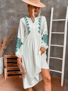 GENKIRA Floral Embroidery Notched Neckline Lantern Sleeve Dress - Beige - View 6