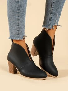 Women's Leather Boots Autumn And Winter Solid Color Short Boots, Pointed Toe, High Heel, Fashionable And Chunky Ankle Boots - Black - View 2