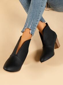 Women's Leather Boots Autumn And Winter Solid Color Short Boots, Pointed Toe, High Heel, Fashionable And Chunky Ankle Boots - Black - View 3