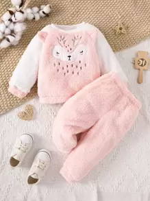 SHEIN Vintaside Kids Baby Colourblock Cartoon Embroidery Flannel Sweatshirt & Trousers - Pink - View 1