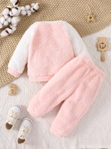 SHEIN Vintaside Kids Baby Colourblock Cartoon Embroidery Flannel Sweatshirt & Trousers - Pink - View 2