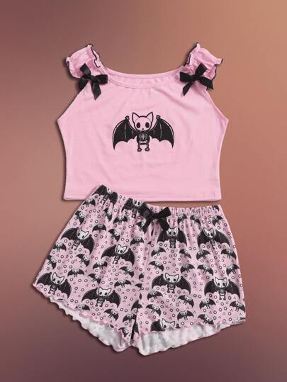 Kawaii Skeleton Bat Print PJ Set