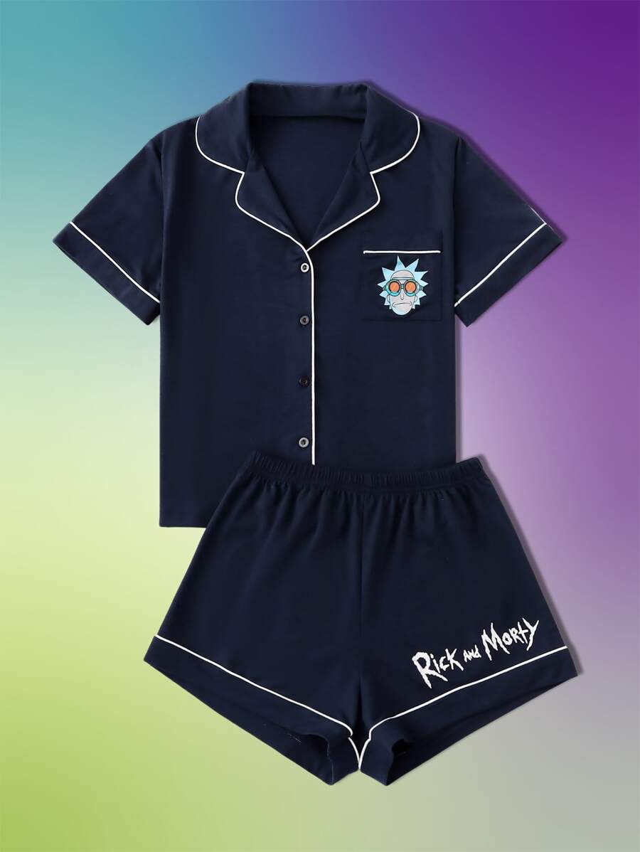 Rick and Morty | ROMWE Conjunto de pijama con estampado de dibujos animados unido en contraste - Azul Marino - Ver 1