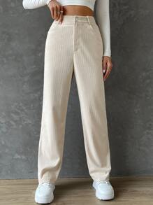 SHEIN EZwear 高腰燈芯絨長褲 - 杏色 - 查看 1