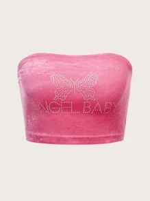 SHEIN ICON Ống ngọn 90s Pha lê Bướm & Chữ cái Mẫu Nhung - Hồng - Xem 1