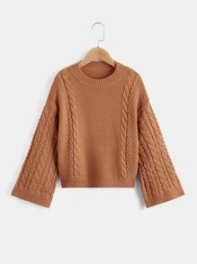 Niñas Jersey tejido de cable de hombros caídos - Camel - Ver 1