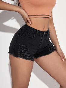 SHEIN EZwear Ripped Raw Cut Denim Shorts - Black - View 3