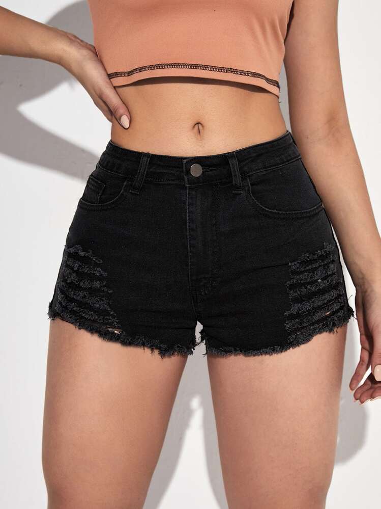 SHEIN EZwear Ripped Raw Cut Denim Shorts - Black - View 4