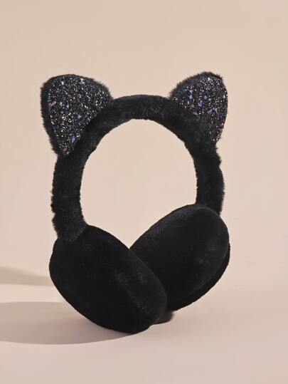 Toddler Girls Sequin & Cartoon Ear Decor Fluffy Earmuffs