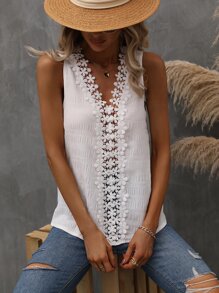 SHEIN LUNE Guipure Lace Insert Blouse - White - View 3