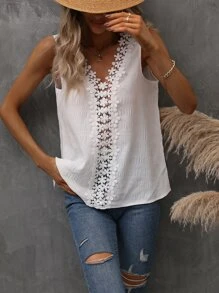 SHEIN LUNE Guipure Lace Insert Blouse - White - View 4