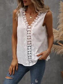 SHEIN LUNE Guipure Lace Insert Blouse - White - View 5