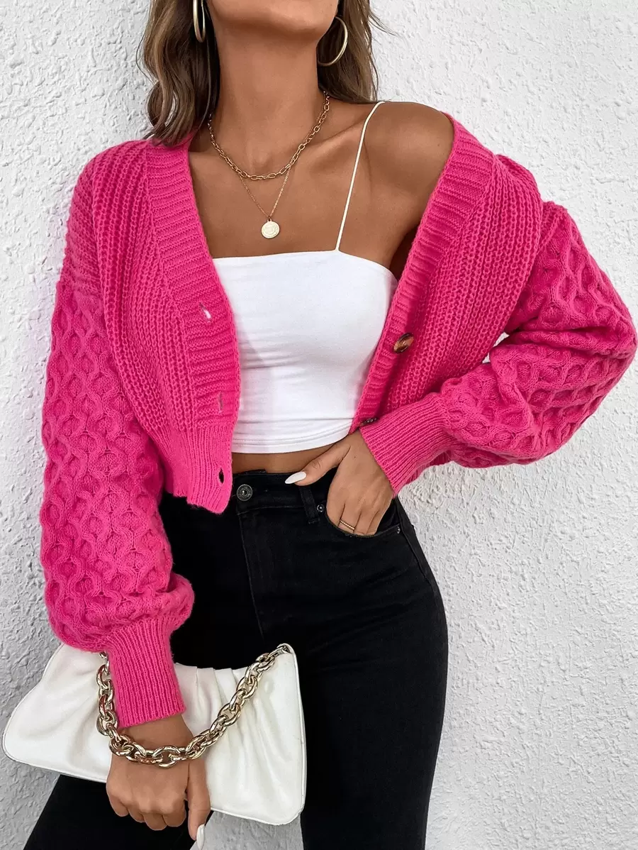 Chiquease 粗针织落肩开衫、长袖上衣 - 玫紅色 - 查看 1