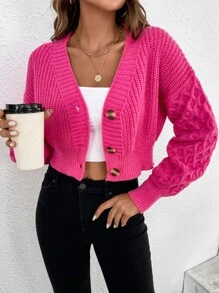 Chiquease 粗针织落肩开衫、长袖上衣 - 玫紅色 - 查看 3