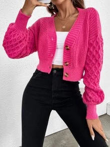 Chiquease 粗针织落肩开衫、长袖上衣 - 玫紅色 - 查看 4