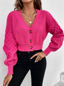 Chiquease 粗针织落肩开衫、长袖上衣 - 玫紅色 - 查看 5