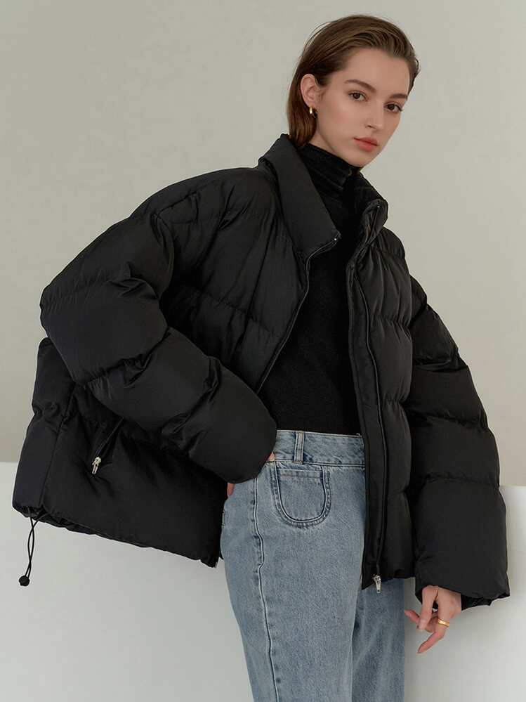 DAZY Chaqueta casual de invierno para mujer con cuello alto, cierre frontal con cremallera y hombros caídos, de unicolor - Negro - Añade 2