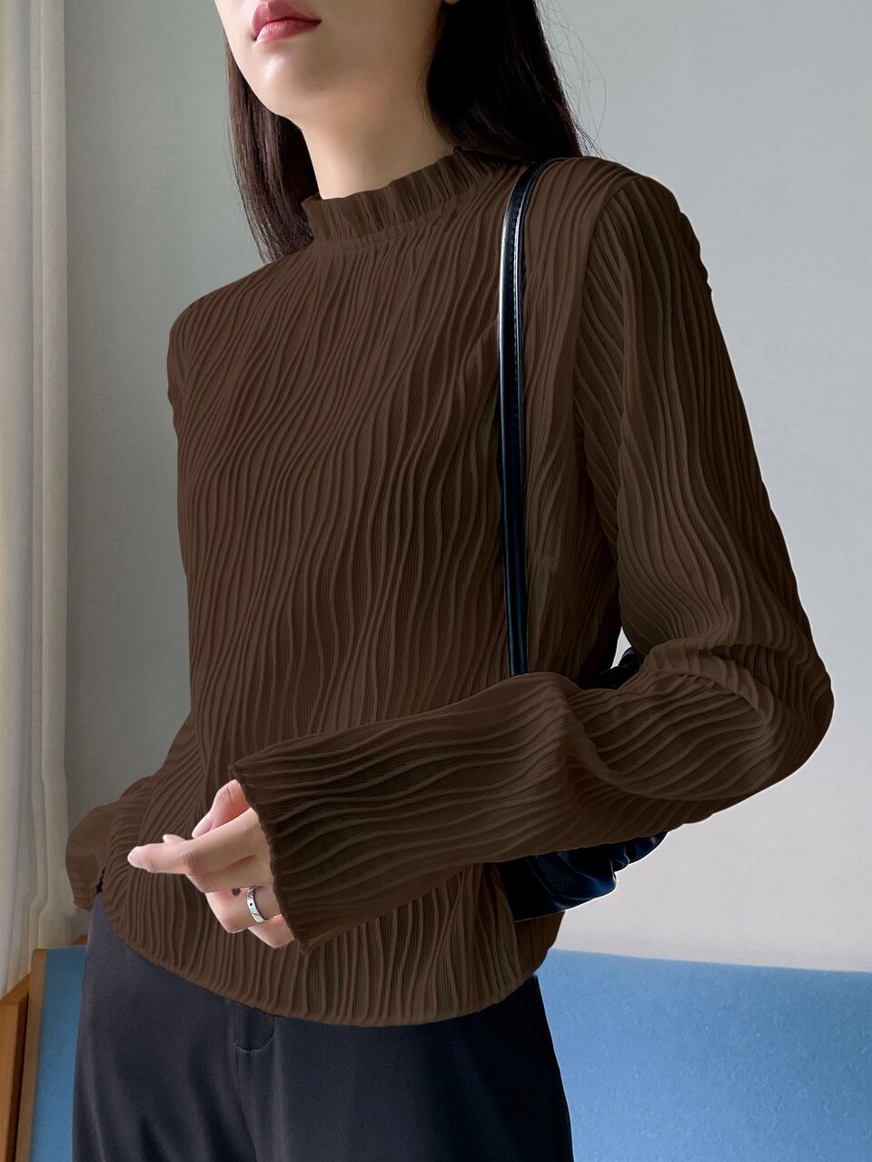 Frill Neck Keyhole Back Tee,Fall Clothes,Back To School Clothes Long Sleeve Women Tops