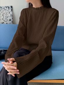 DAZY Frill Neck Keyhole Back Tee,Fall Clothes,Back To School Clothes Long Sleeve Women Tops - Coffee Brown - View 3