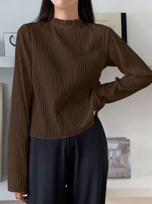 DAZY Frill Neck Keyhole Back Tee,Fall Clothes,Back To School Clothes Long Sleeve Women Tops - Coffee Brown - View 4