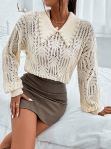 Rafferiza Faux Pearls Beaded Collared Pointelle Knit Drop Shoulder Sweater,Long Sleeve Tops - Apricot - View 3