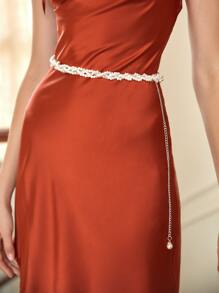 SHEIN Belle Faux Pearl Decor Belt Party - Silver - View 1
