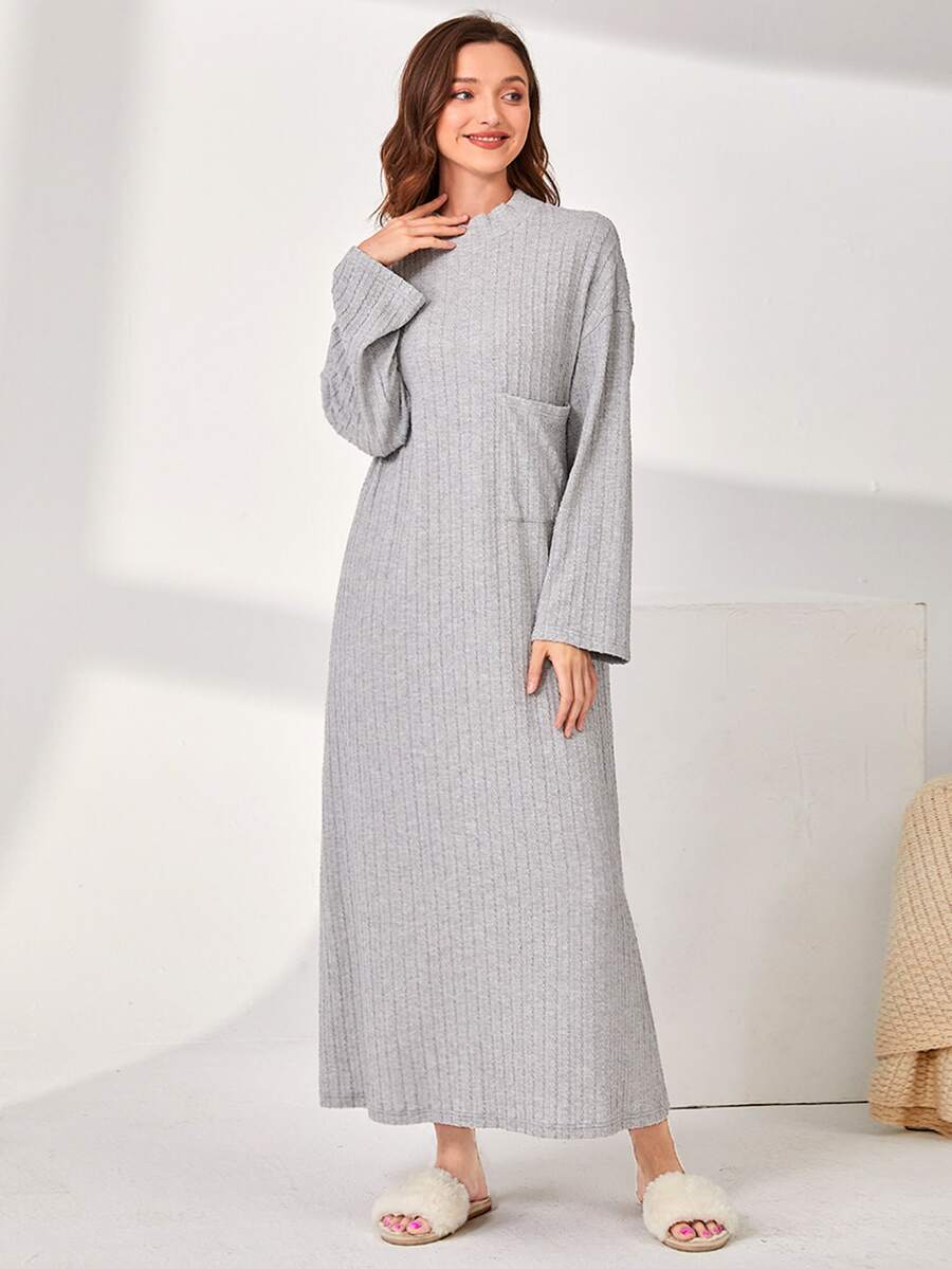 SHEIN Unity 小高領落肩袖電纜紋理休閒服連衣裙 - 淺灰色 - 查看 1