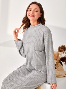 SHEIN Unity 小高領落肩袖電纜紋理休閒服連衣裙 - 淺灰色 - 查看 4