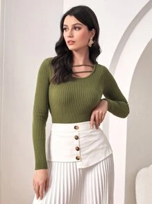 Mulvari Jersey tejido de canalé con abertura - Verde militar - Ver 1