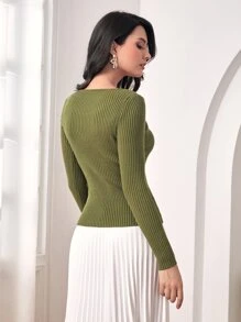 Mulvari Jersey tejido de canalé con abertura - Verde militar - Ver 2