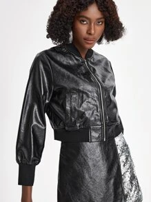 Isabelle WANG Designer Zip Up PU Leather Bomber Jacket, For Holiday, Vacation - Black - View 4