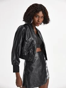 Isabelle WANG Designer Zip Up PU Leather Bomber Jacket, For Holiday, Vacation - Black - View 9