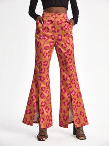 UnHuitMars Allover Print Split Hem Flare Leg Trousers - Orange - View 1