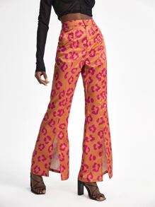 UnHuitMars Allover Print Split Hem Flare Leg Trousers - Orange - View 3