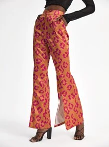 UnHuitMars Allover Print Split Hem Flare Leg Trousers - Orange - View 4