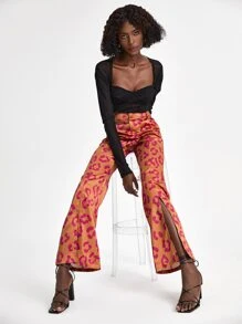 UnHuitMars Allover Print Split Hem Flare Leg Trousers - Orange - View 7