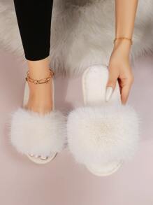 Women's Fashionable Home Slippers With Simple & Fluffy Design For Bedroom - Beige - View 2