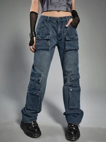 ROMWE Grunge Punk Flap Pocket Cargo Jeans - Dark Wash - View 1