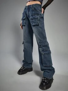 ROMWE Grunge Punk Flap Pocket Cargo Jeans - Dark Wash - View 3