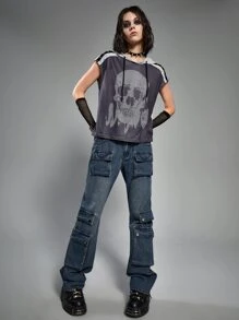 ROMWE Grunge Punk Flap Pocket Cargo Jeans - Dark Wash - View 5