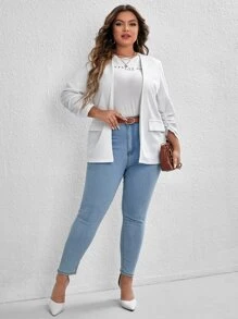 SHEIN Essnce 大碼素色抽褶袖西裝外套 - 白色 - 查看 3