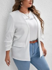 SHEIN Essnce 大碼素色抽褶袖西裝外套 - 白色 - 查看 4