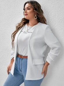 SHEIN Essnce 大碼素色抽褶袖西裝外套 - 白色 - 查看 5