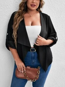 SHEIN LUNE Plus Waterfall Collar Roll Tab Sleeve Coat - Black - View 1