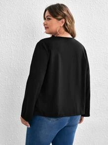 SHEIN LUNE Plus Waterfall Collar Roll Tab Sleeve Coat - Black - View 2