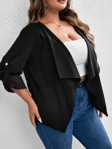 SHEIN LUNE Plus Waterfall Collar Roll Tab Sleeve Coat - Black - View 3