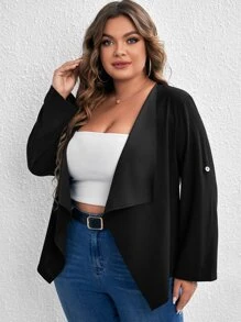 SHEIN LUNE Plus Waterfall Collar Roll Tab Sleeve Coat - Black - View 4