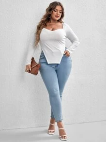 SHEIN Essnce Plus Sweetheart Neck Asymmetrical Hem Tee - White - View 4