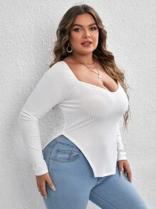 SHEIN Essnce Plus Sweetheart Neck Asymmetrical Hem Tee - White - View 5